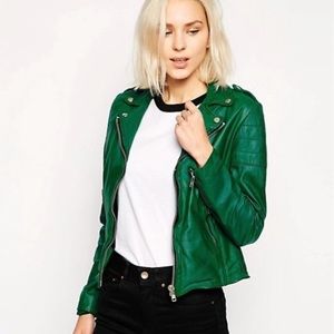 NEW Muubaa Presley Leather Biker Jacket, Green